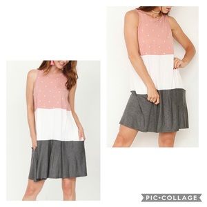 SOLD Dust Pink & Grey Dot Colour Block Sleeveless Dress, S